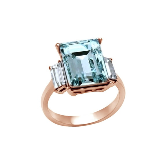 AFFY Radiant Cut Simulated Aquamarine CZ &White Cubic Zirconia Engagement Ring In 14k Rose Gold Over Sterling Silver