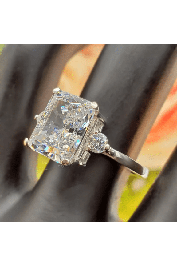 Radiant Cut Three Stone Diamond Engagement Ring in 925 Sterling Silver- Antique Halo Ring