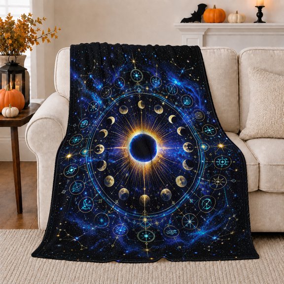 Radiant Eclipse Surrounded By Moons And Symbols, Soft Flannel Blanket with Luminous Celestial Fantasy Print, Housewarming Gift and Home Decor for Bedroom and Living Room