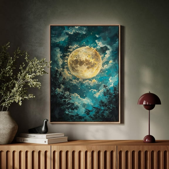 Radiant Full Moon – Celestial Night Sky With Glowing Clouds And Stars, Mystical Lunar Wall Art For Nature Lovers Wall Art, Modern Wall Decor, 16x24 UNFRAMED