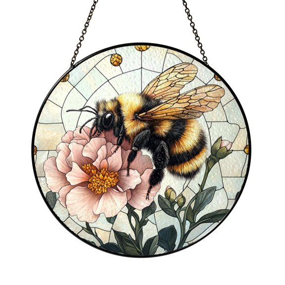 Radiant Fuzzy Bee And Pink Carnation Suncatcher Circle Plaque Glass