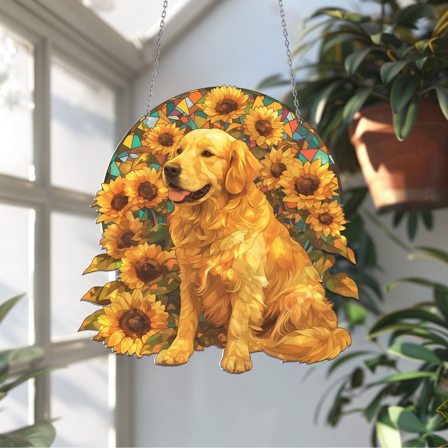 Radiant Golden Retriever Acrylic Window Decor - Stained Glass Style