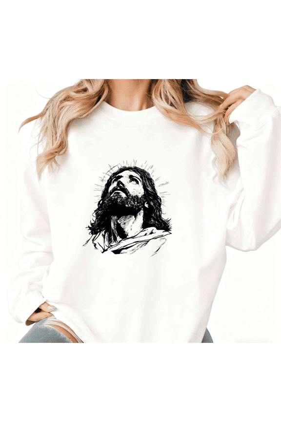 Ink Wash Ascension Vibe Minimalist White Crewneck Graphic Sweatshirt Print Sweatshirt Jesus Christ Upward Gaze Portrait Slogan Casual S-3XL Tops