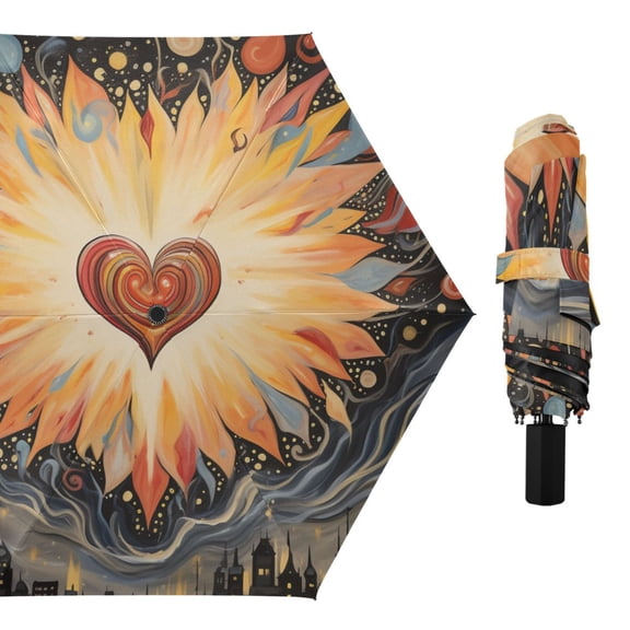 Radiant Heart Hand Painted Style All Weather Umbrella Triple Folding Parasol 6 Ribs UV Protection Portable