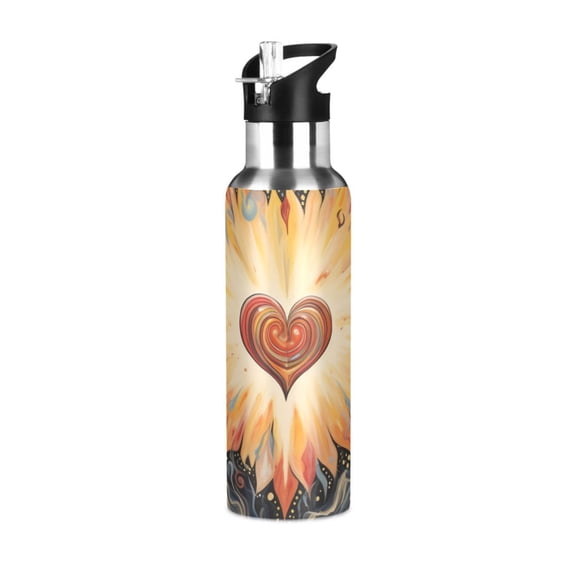 Radiant Heart Hand Painted Style Sports Bottle with Straw Stainless Steel Water Jug Portable Thermal Cup Leak-proof 1000ML