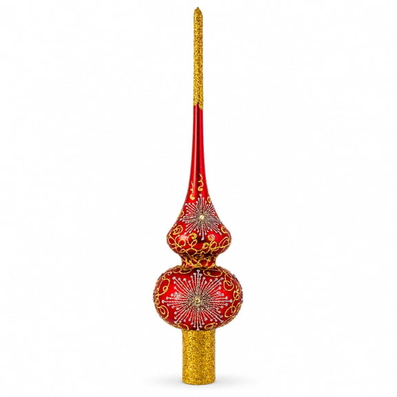 Radiant Jeweled Snowflake on Red Glass Christmas Tree Topper 11 Inches