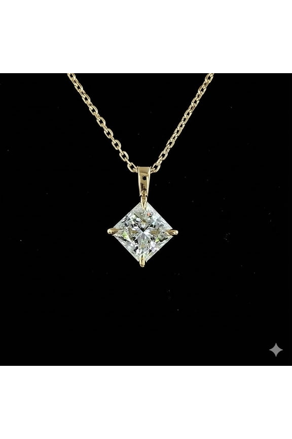 2.00 CT Princess Cut Simulated CZ Diamond Tilted Solitaire Pendant, 14K Yellow Gold Plated, Free 18" Chain