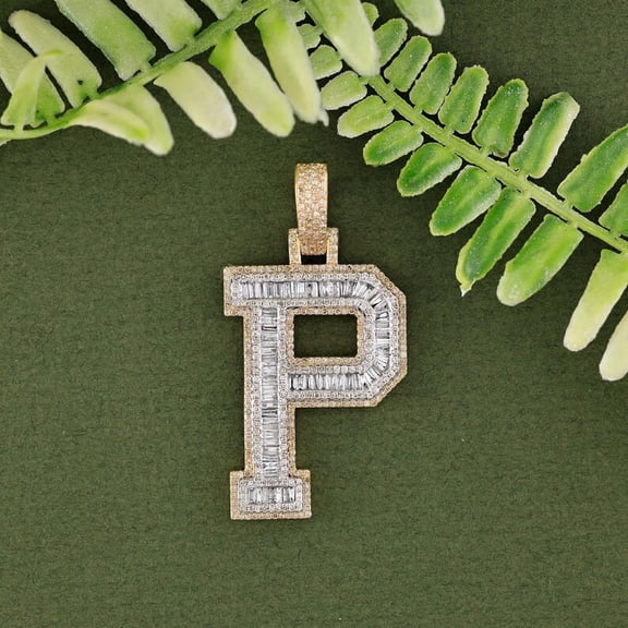 Radiant Jewelry 2.19 Carat Simulated Diamond Initial P Pendant, 14K Two-Tone Gold Plated, Round & Baguette Letter Pendant with 925 Sterling Silver Chain