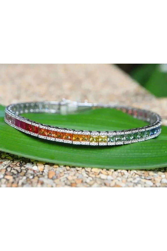 20Ct Princess Cut Rainbow Sapphire Tennis Bracelet for Women 14k White Gold Plated 7.5" Bracelet