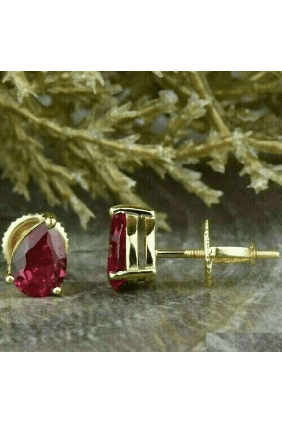 2Ct Pear Cut Red Ruby Stud Earrings 14k Yellow Gold Plated 925 Sterling Silver Screw Back Solitaire Earrings for Women