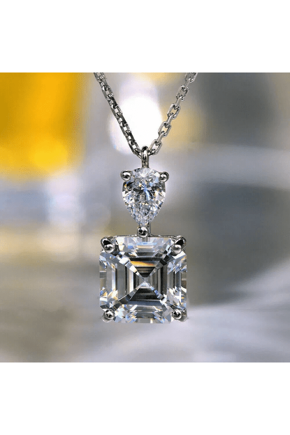 3CT Ascher & Pear Cut Simulated Diamond Pendant Necklace, 14k White Gold Plated, Solitaire Style with Free 18" 925 Silver Chain