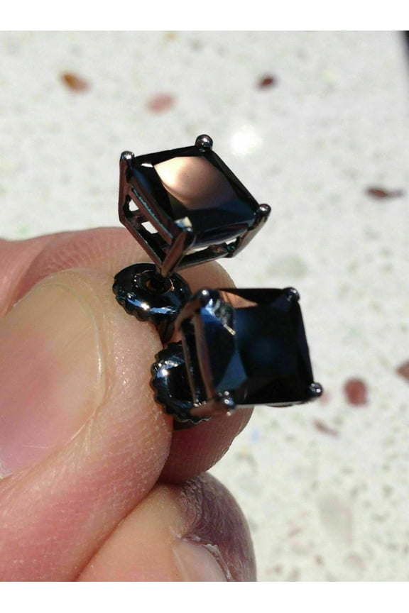 4 CT Black Simulated Diamond Stud Earrings 8mm Solitaire, Full Black Rhodium Plated, Screw Back Unisex Studs