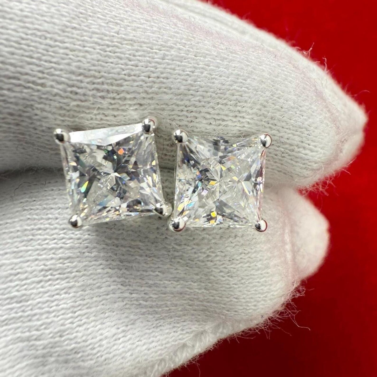 Radiant Jewelry 4 CT Princess Cut Simulated Diamond Stud Earrings for Women, Screw Back Solitaire Studs, 14K White Gold Plated 925 Sterling Silver