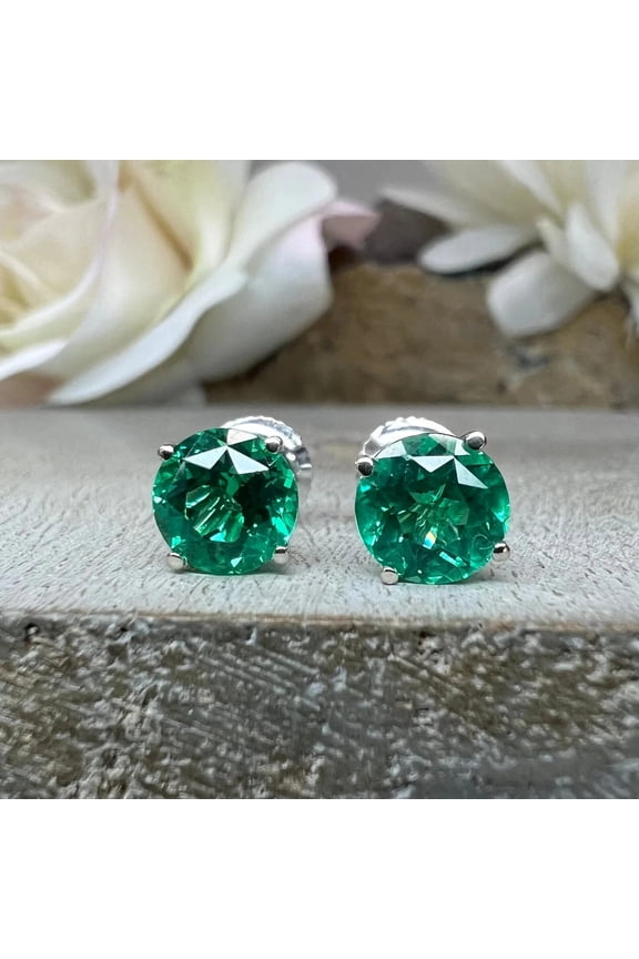 4CT Round Green Emerald Stud Earrings 925 Silver Lab Created CZ 8mm Stones for Women