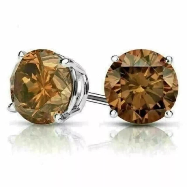 Radiant Jewelry 4Ct Chocolate Brown Lab Created CZ 8mm Diamond Solitaire Earrings 14K White Gold Plated 925 Silver Screw Back Stud