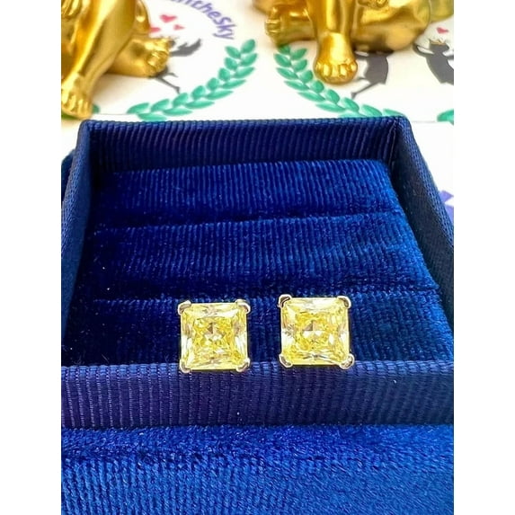Radiant Jewelry 4Ct Princess Cut Simulated Citrine 14K White Gold Plated Solitaire Stud Earrings