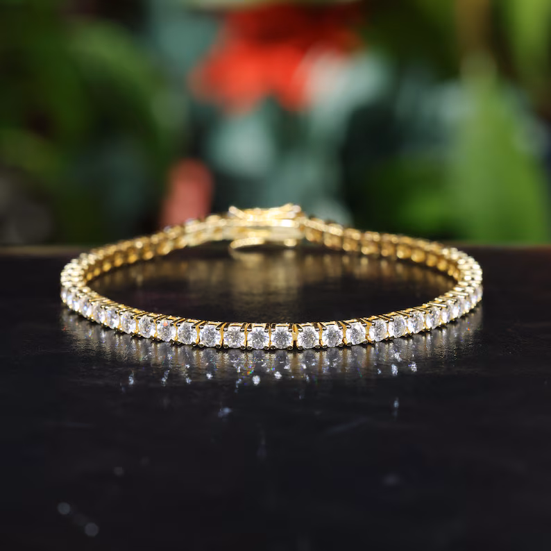8.50 CTW Simulated CZ Diamond Tennis Bracelet, 4mm Round Cut, 925 Sterling Silver, 14K Yellow Gold Plated, 7.5 Inch
