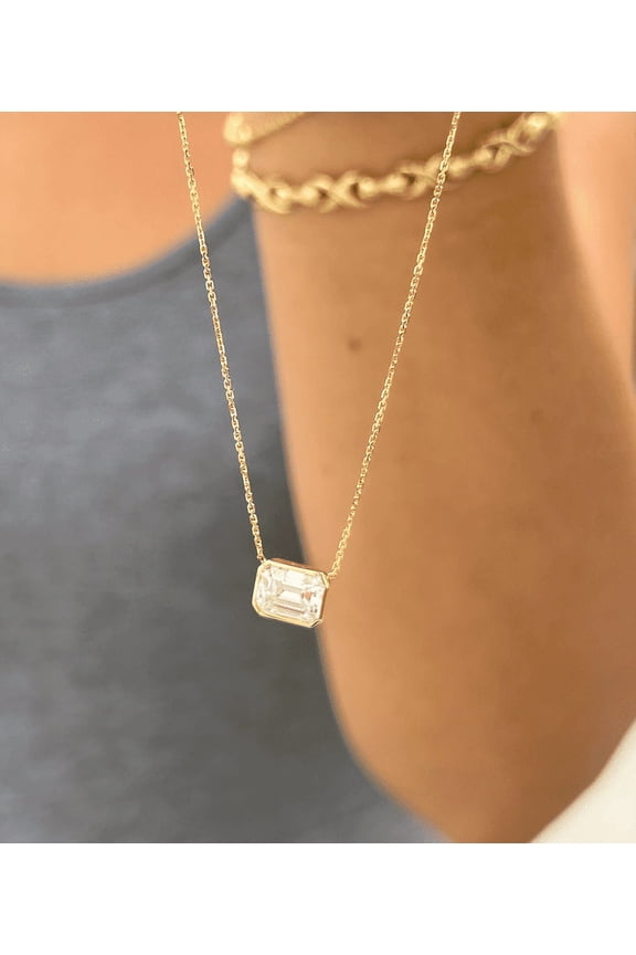 Emerald Cut 2Ct Simulated Diamond Bezel Set Solitaire Necklace 925 Sterling Silver Pendant Chain