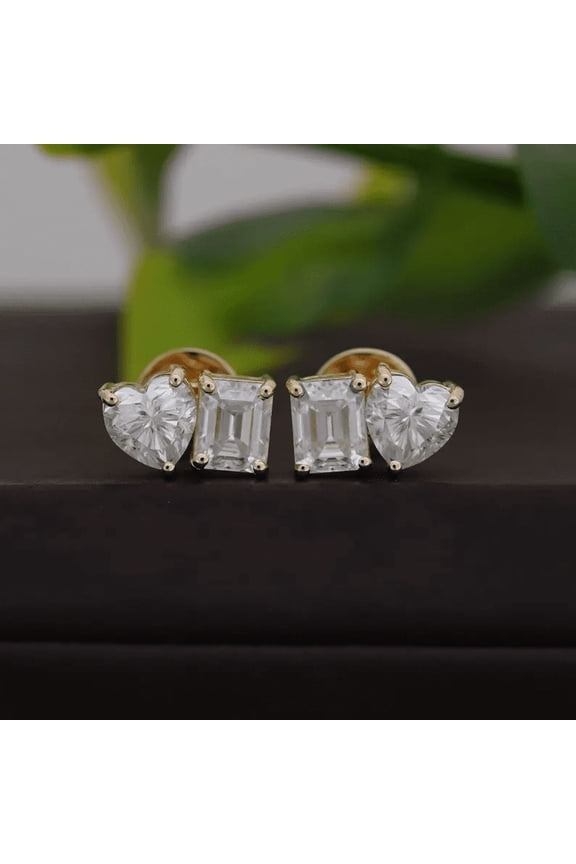 Heart & Emerald Cut Moissanite Stud Earrings, 2.00 CT GRA Certified, Toi et Moi Two-Stone Earrings, 14k Yellow Gold Plated 925 Silver