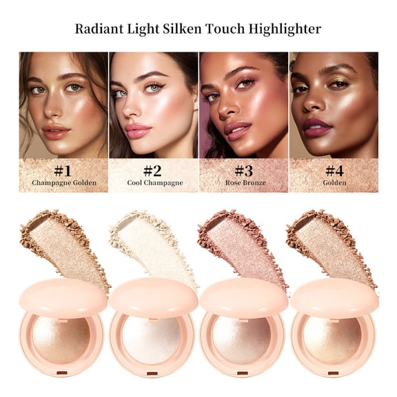 Radiant Light Silken Touch Highlighter, 4 Shades (Champagne Golden, Cool Champagne, Rose Bronze, Golden), Silky Texture Buildable Glow Highlighter for Face, Long-Lasting Illuminating Makeup