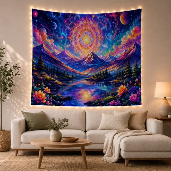 Radiant Mandala in Cosmic Alpine Scene, Serene Fantasy for Boho Decor Lovers, Mystical Meditation Wall Art Housewarming Gift Tapestry Wall Hanging for Bedroom and Living Room