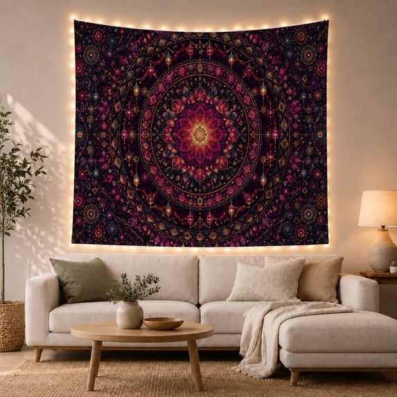 Radiant Mandala with Lanterns on Dark Background, Peaceful Boho Style for Meditation Enthusiasts, Bohemian Wall Art, Housewarming Gift, Tapestry Wall Hanging for Bedroom and Dorm