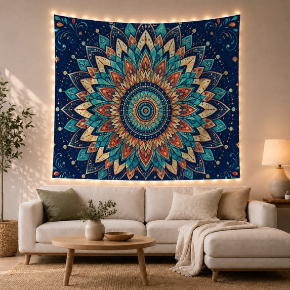 Radiant Mandala in a Starry Navy Field, Calming Boho for Meditation Enthusiasts, Geometric Floral Art, Housewarming Gift, Tapestry Wall Hanging for Bedroom and Studio