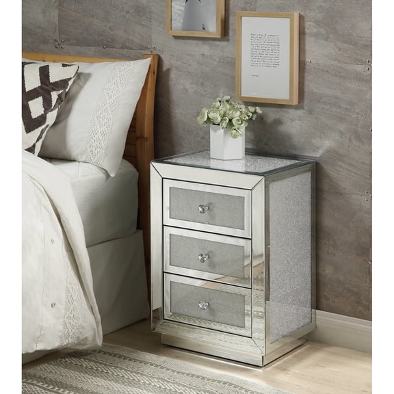 Radiant Mirrored Accent Table With Faux Diamonds Embellish - 3 Drawer Rack, Silver Shimmer, Composite Wood Construction, Fully Assembled And Gorgeous Charming Ornament , Shine, Support, Captivating