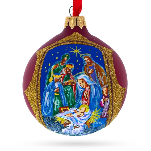 Radiant Nativity Scene in Red Tone Glittered Glass Ball Christmas ...