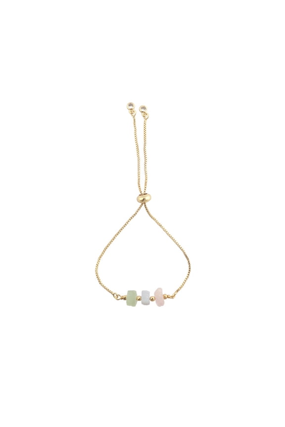 Radiant Prehnite, Moonstone, and Rose Quartz gemstones adorn this gold-plated chain adjustable bracelet, perfect for any occasion.