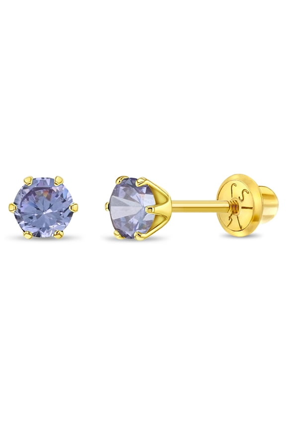 Radiant Prong Simulated Alexandrite Toddler Earrings Safety Screw Back 14k Gold