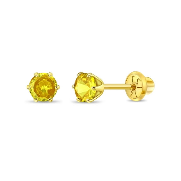 Radiant Prong Simulated Citrine Toddler Earrings Safety Screw Back - 14k Gold