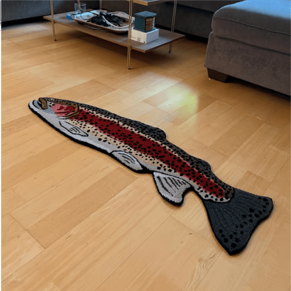 Radiant Rainbow Rug Collection – Handcrafted Nature-Inspired Wool Rugs, Eco-Friendly New Zealand Wool, Non-Slip Backing, Trout Pike Brookie Bugger Steelhead Designs, 12” 24” 36” Sizes