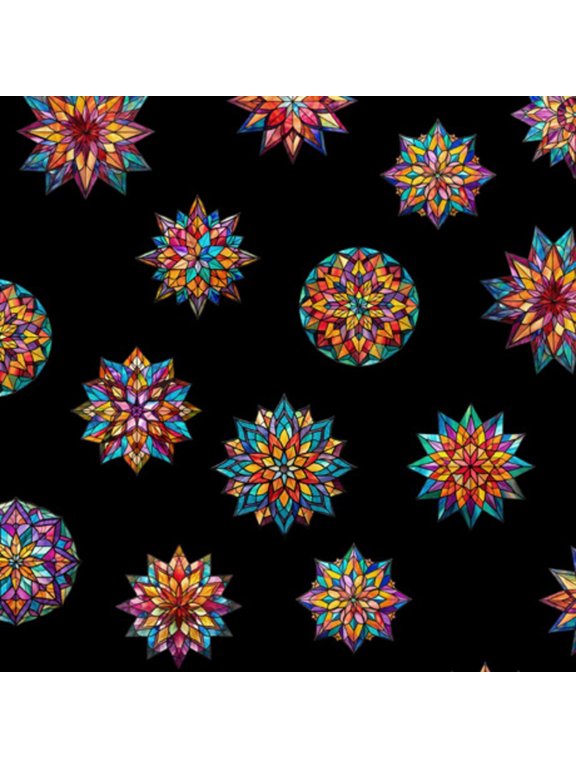 Radiant Reflection Stained Glass Stars Black Cotton Fabric (Yard)