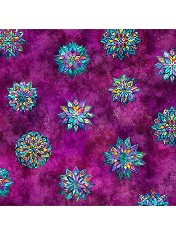 Radiant Reflection Stained Glass Stars Magenta Cotton Fabric (Yard)