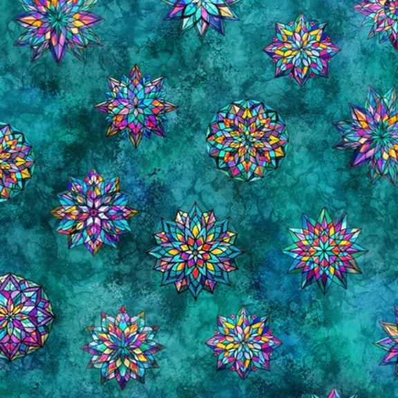 Radiant Reflection Stained Glass Stars Teal Cotton Fabric (Yard)