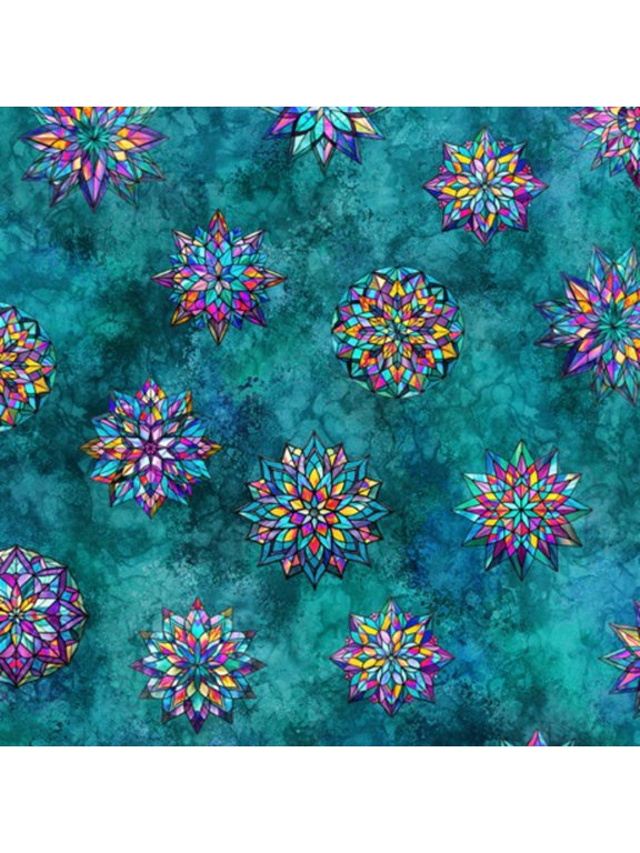 Radiant Reflection Stained Glass Stars Teal Cotton Fabric (Yard)