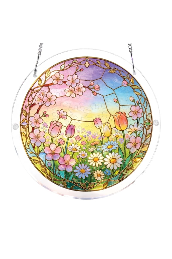 Radiant Reflections Stained Glass Puzzle Suncatcher, 7.5" Acrylic Window Hanging Decor, Hummingbird & Floral DIY Ornament with Hanging Chain