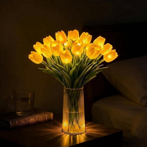 Radiant Romantic Tulip Light, 10pcs LED Artificial Flowers with Twinkling Effect, 13in Bendable Stems, Warm Glow Night Light & Fairy Lights for Home Kitchen Wedding Table Decor (Yellow)Only bouquets