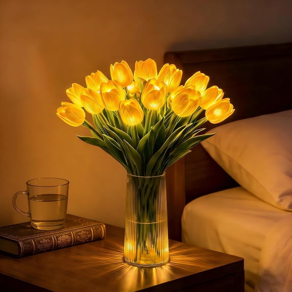 Radiant Romantic Tulip Light , 15 PCS Twinkling Led Tulips that Never Fade, Flower Shaped Ambient Night Lamp for Bedroom Bedside Decor & Gift (Yellow)
