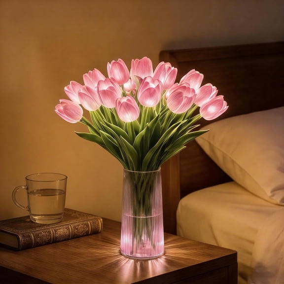 Radiant Romantic Tulip Light, 15PCS Twinkling LED Tulips Artificial Flowers, Hand-Held Flower Ambient Night Lamp, Real Touch Faux Tulip Lights for Bedroom Wedding Day Home Decor (Pink)