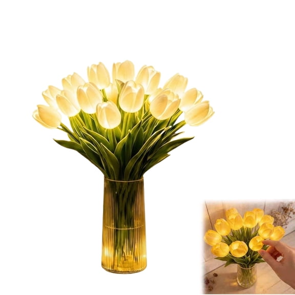Radiant Romantic Tulip Light, 15pcs Twinkling Tree Tulips Lamp, 13in LED Lighted Artificial Flowers that Never Fade, Tulip Ambient Night Lamp for Home Kitchen Wedding Dining Table Decor Gift (White)