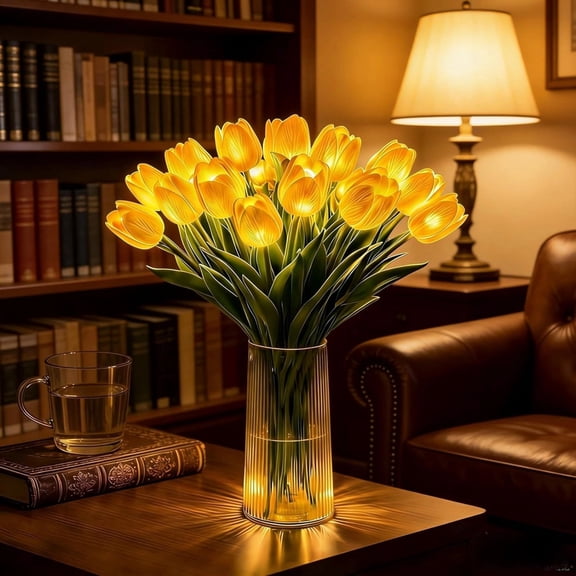 Radiant Romantic Tulip Light, 15pcs Twinkling Tree Tulips Lamp, 13in LED Lighted Artificial Flowers that Never Fade, Tulip Ambient Night Lamp for Home Kitchen Wedding Dining Table Decor Gift (Yellow)