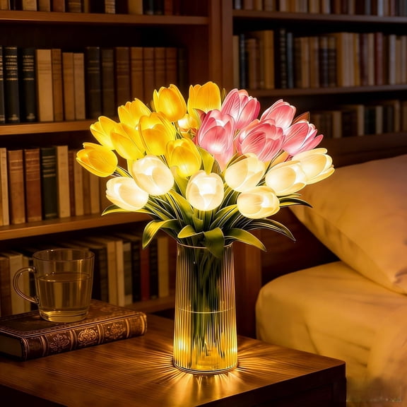 Radiant Romantic Tulip Light, 15 PCS Twinkling Tulips Tree with Vase, 13inch LED Artificial Flowers Ambient Night Lamp, Gentle Lighting, for Bedroom Bedside Decor and Gift