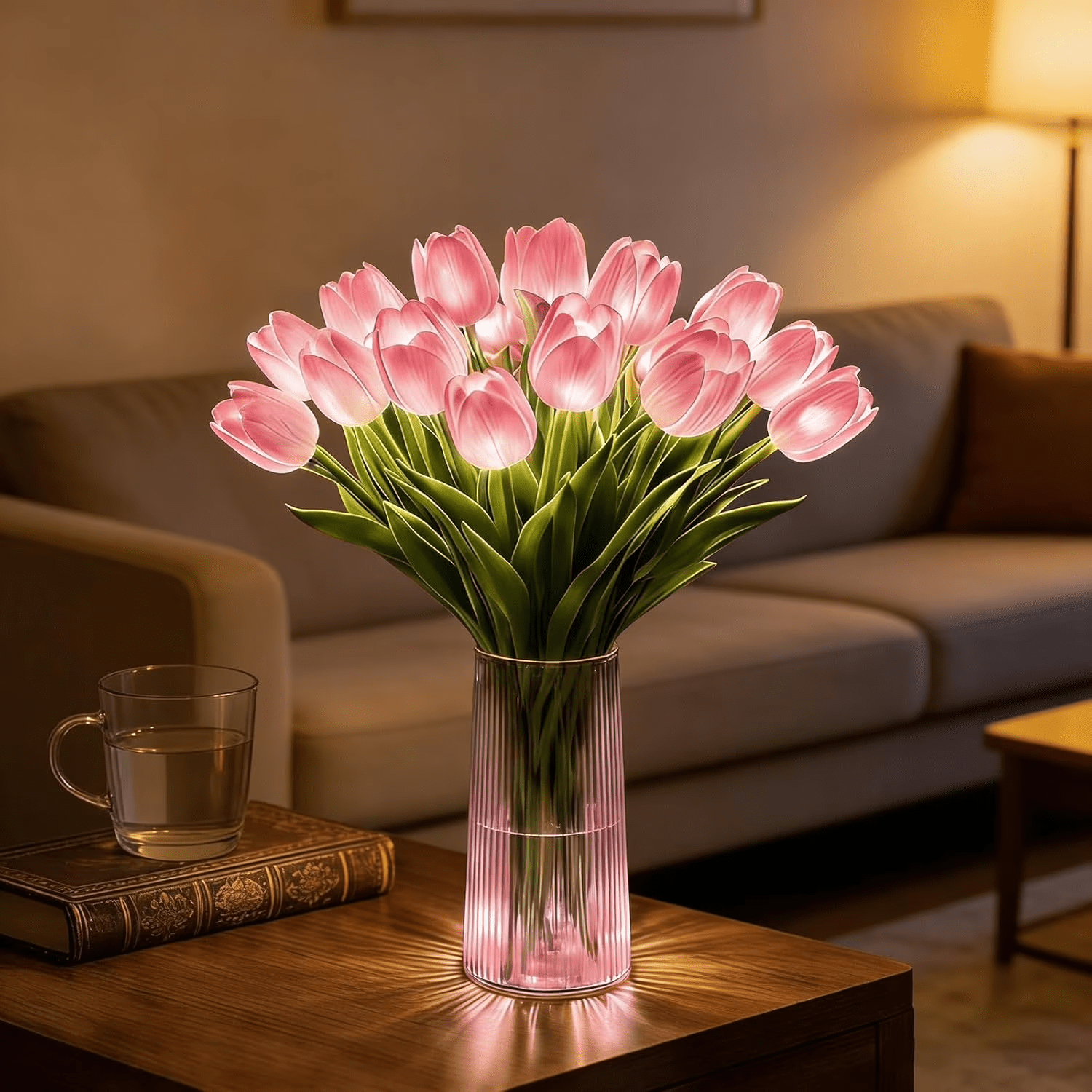 Radiant Romantic Tulip Light with a Vas, 15PCS Radiant Romantic Tulip Light Twinkling Tree,LED Lighted Artificial Flowers Tulips Lamp Real Touch Tulips Faux Flower Lights,Atmosphere Decor,Pink,15pcs