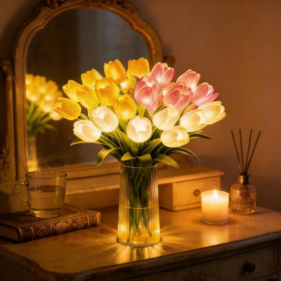 Radiant Romantic Tulip Light with Vase – 15 PCS Twinkling Tree Tulips LED Night Light, Never Fade Flower Shaped Ambient Lamp for Bedroom Bedside Decor & Gift