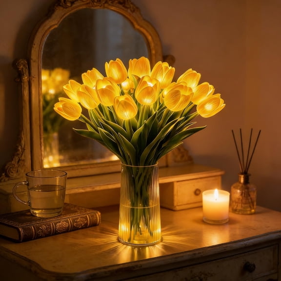 Radiant Romantic Tulip Light with Vase – 15 PCS Twinkling Tree Tulips LED Night Light, Never Fade Flower Shaped Ambient Lamp for Bedroom Bedside Decor & Gift