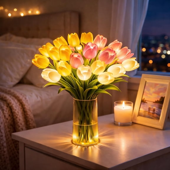 Radiant Romantic Tulip Light with a Vase, 15 PCS Twinkling Tree Tulips Led Night Light that Never Fade, Flower Shaped Ambient Night Lamp for Bedroom Bedside Decor & Gift