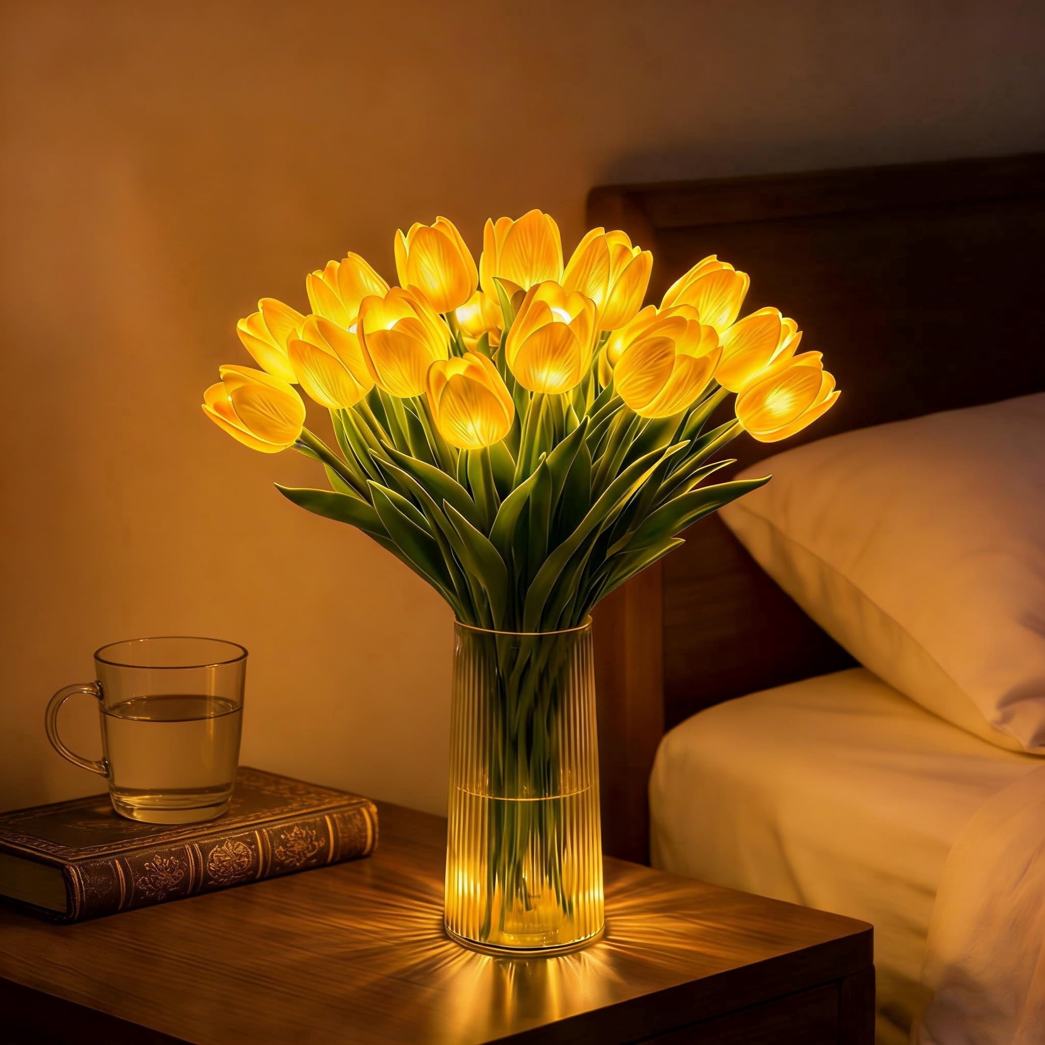 Romantic Tulip Night Light with Vase, 15 LED Never-Fade Twinkling Tulip Lamp, Flower Ambient Light for Bedroom Bedside Decor & Gift