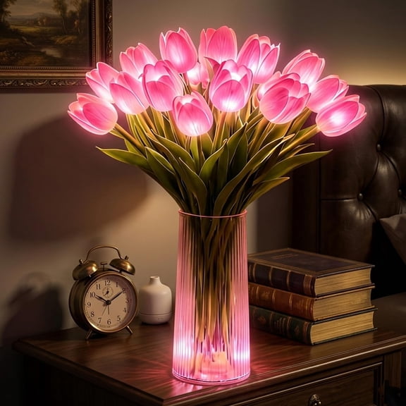 Radiant Romantic Tulip Night Light with Vase, 15 PCS LED Artificial Flower Lamp, Bendable Adjustable Flower Stems, Soft Warm Glow Desk Lamp for Bedroom Bedside Decor